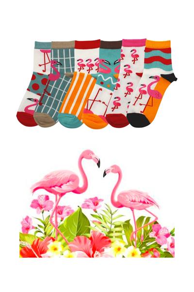 Kadın Çok Renkli Yarım Konç Flamingo Desenli Pamuklu Çorap 6lı Paket