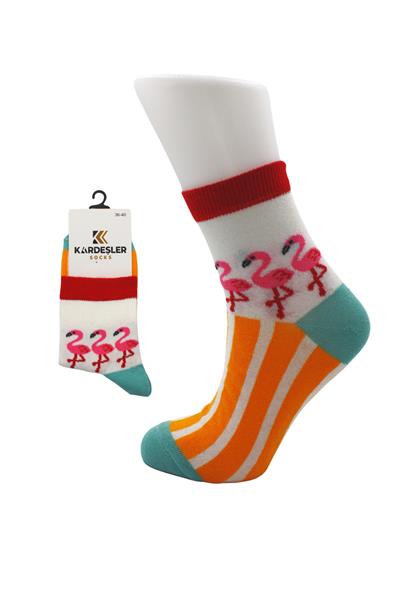 Kadın Çok Renkli Yarım Konç Flamingo Desenli Pamuklu Çorap 6lı Paket