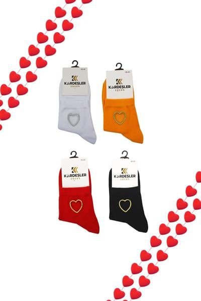 Kadın Çok Renkli Yarım Konç Pamuklu Çorap Kalp Desenli 4lü Paket