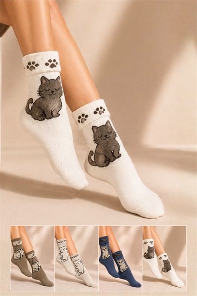 Kadın Desenli Kıvrık Havlu Lambswool Soket Çorap 4'lü Çorap - 36 - 40