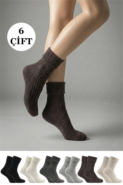 Kadın Kıvrık Lambswool Yün Yarım Konç Çorap 6lı Paket