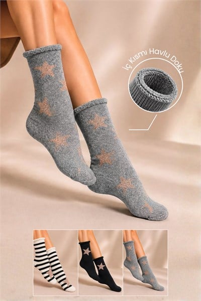 Kadın Lastiksiz Lambswool Kışlık Kalın Soket Çorap 3lu Paket - 36 - 40