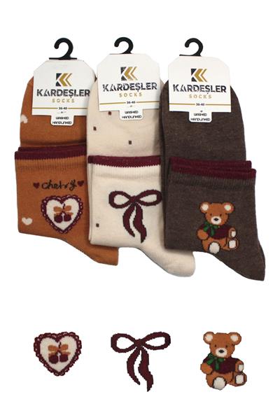 Kadın Pamuklu Yarım Konç Çorap Desenli Renkli 3lü Paket