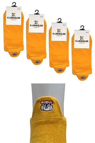Kadın Sarı Renkli Nakışlı Pamuklu Patik Çorap 4lü Paket