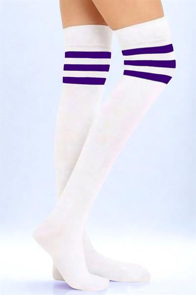 Mor Çizgili Beyaz Diz Üstü Pamuklu Çorap