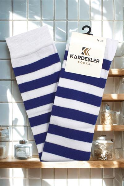 Saks Ve Beyaz Şeritli Diz Üstü Pamuklu Çorap