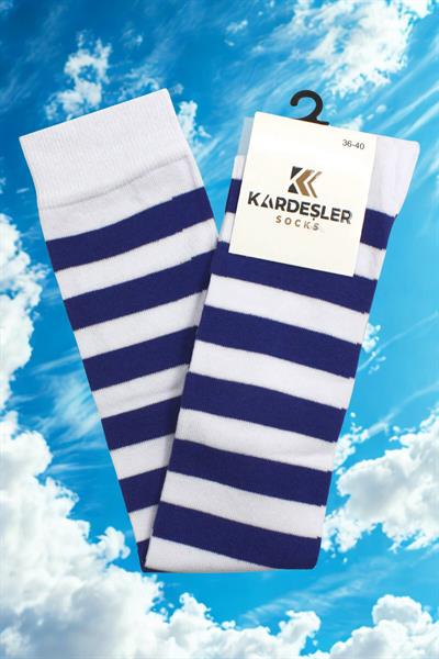 Saks Ve Beyaz Şeritli Diz Üstü Pamuklu Çorap