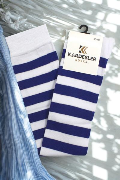 Saks Ve Beyaz Şeritli Diz Üstü Pamuklu Çorap