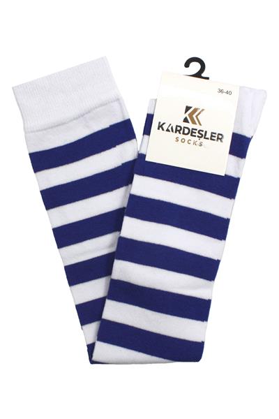 Saks Ve Beyaz Şeritli Diz Üstü Pamuklu Çorap
