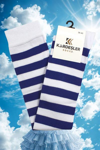 Saks Ve Beyaz Şeritli Diz Üstü Pamuklu Çorap