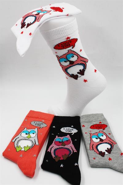 Unisex Baykuş Desenli Pamuklu Çorap 4lü Set