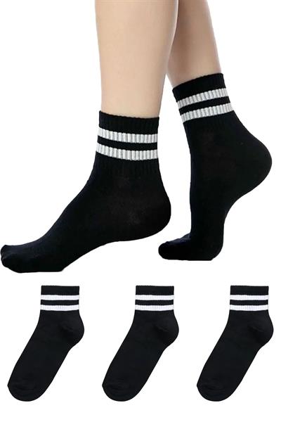 Unisex Beyaz 2 Çizgili Siyah Yarım Konç Tenis Çorap Kolej 3lü Paket
