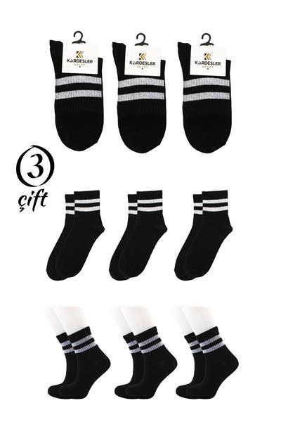 Unisex Beyaz 2 Çizgili Siyah Yarım Konç Tenis Çorap Kolej 3lü Paket