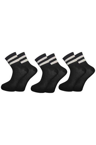 Unisex Beyaz 2 Çizgili Siyah Yarım Konç Tenis Çorap Kolej 3lü Paket