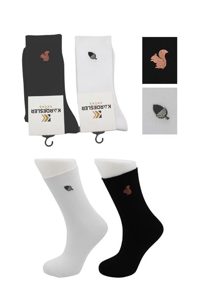 Unisex Desenli Nakışlı Renkli Soket Pamuklu Çorap 2li Paket