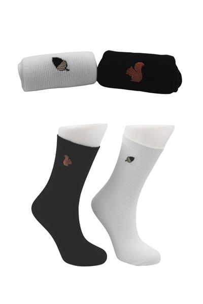 Unisex Desenli Nakışlı Renkli Soket Pamuklu Çorap 2li Paket
