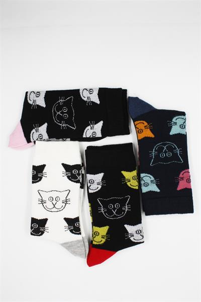 Unisex Kedi Desenli Pamuklu Çorap 4lü Paket
