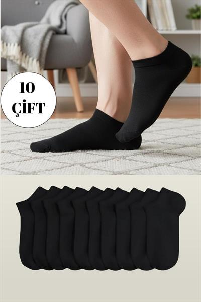 Unisex Pamuklu Patik Çorap Siyah 10lu Paket