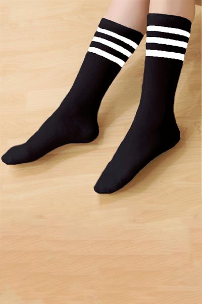 Unisex Renkli Beyaz 3 Çizgili Siyah Soket Tenis Çorap Kolej 3lü Paket