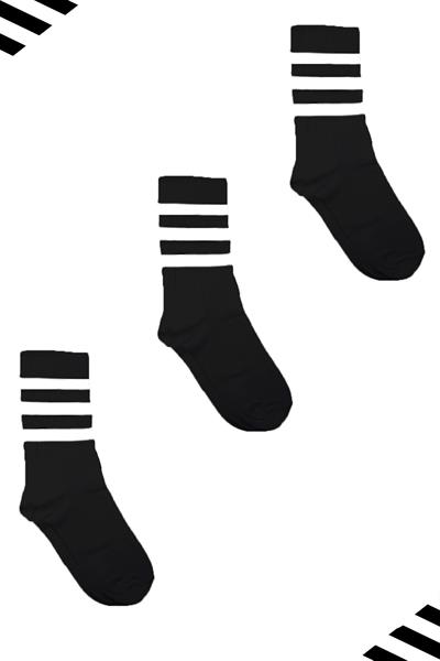 Unisex Renkli Beyaz 3 Çizgili Siyah Soket Tenis Çorap Kolej 3lü Paket