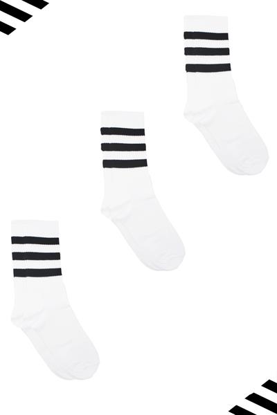Unisex Renkli Siyah 3 Çizgili Beyaz Soket Tenis Çorap Kolej 3lü Paket