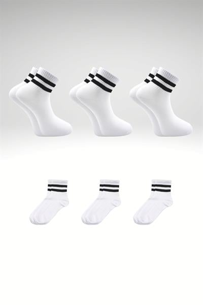 Unisex Siyah 2 Çizgili Beyaz Yarım Konç Tenis Çorap Kolej 3lü Paket