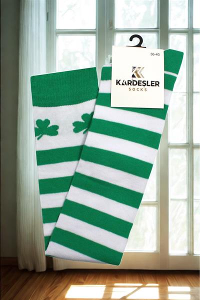 Yeşil Ve Beyaz Şeritli Diz Üstü Pamuklu Çorap