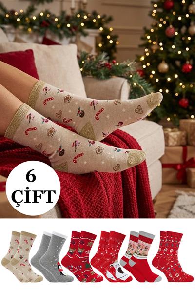 Yılbaşı Noel Christmas Desenli Soket Çorap Renkli 6lı Paket