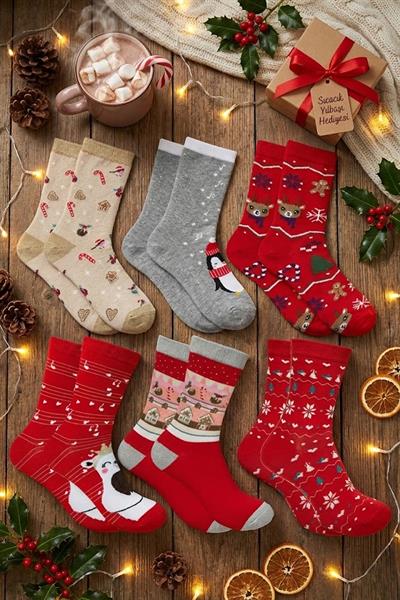 Yılbaşı Noel Christmas Desenli Soket Çorap Renkli 6lı Paket