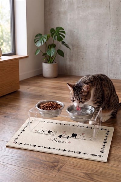 2li Seramik Dekoratif Kedi Ve Köpek Pleksi Mama & Su Kabı Paspas