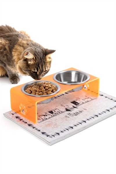 2li Turuncu Pleksi Dekoratif Kedi Ve Köpek Seramik Mama & Su Kabı Paspas Hediye