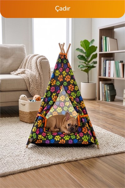 4lü Pati Desen Kedi ve Küçük-Orta Irk Köpekler İçin Konfor Seti, Çadır, Minder, Mama Kabı, Vantuzlu Cam Yatağı
