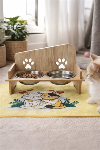 Ahşap Kedi Köpek Mama Su Kabı Standı, Metal Suluk, Kedi Köpek Halısı