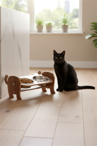 Ahşap Kedi Mama Seramik Su Kabı Standı,Kedili Mama Kabı, Hediye Kedi Halısı