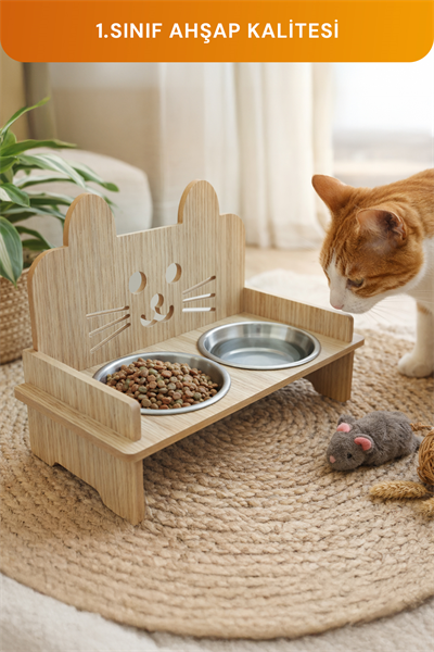 Ahşap Kulaklı Kedi Mama Su Kabı Standı, Kedi Mama Kabı, Kedi Paspası