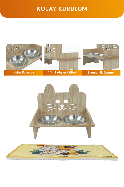 Ahşap Kulaklı Kedi Mama Su Kabı Standı, Kedi Mama Kabı, Kedi Paspası