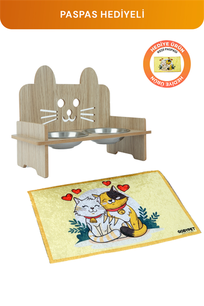 Ahşap Kulaklı Kedi Mama Su Kabı Standı, Kedi Mama Kabı, Kedi Paspası