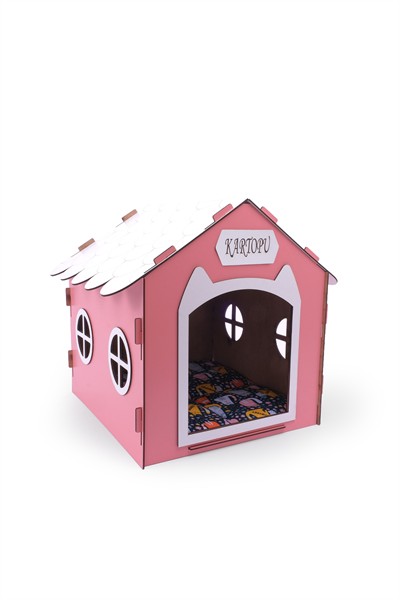 Ahşap Özel İsim Baskılı Dekoratif Kedi Evi-Kulübesi, Kediler İçin Kulübe, Kedi Kulübesi Pembe