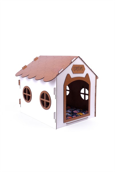 Ahşap Özel İsim Baskılı Dekoratif Kedi Evi-Kulübesi, Kediler İçin Kulübe, Kedi Kulübesi Beyaz-Ceviz