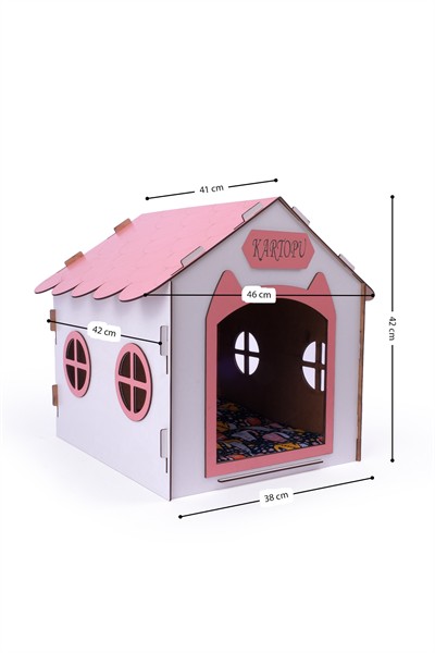 Ahşap Özel İsim Baskılı Dekoratif Kedi Evi-Kulübesi, Kediler İçin Kulübe, Kedi Kulübesi Beyaz-Pembe
