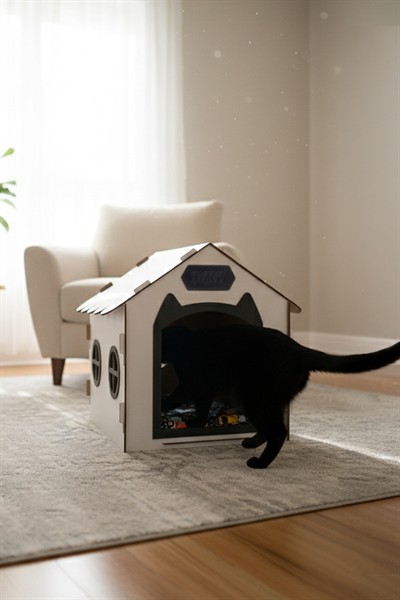 Ahşap Özel İsim Baskılı Dekoratif Kedi Evi-Kulübesi, Kediler İçin Kulübe, Kedi Kulübesi Beyaz-Siyah