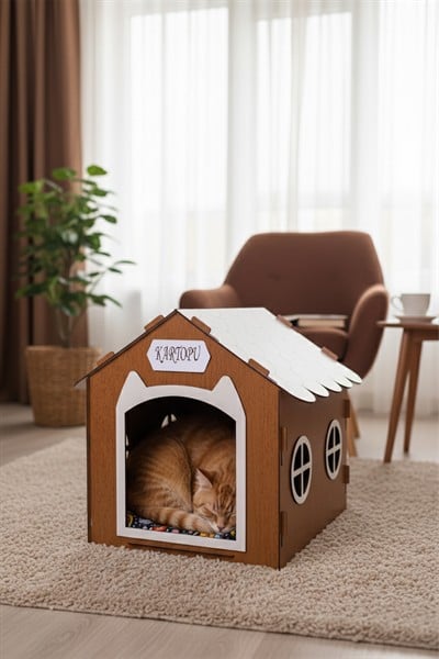 Ahşap Özel İsim Baskılı Dekoratif Kedi Evi-Kulübesi, Kediler İçin Kulübe, Kedi Kulübesi Ceviz
