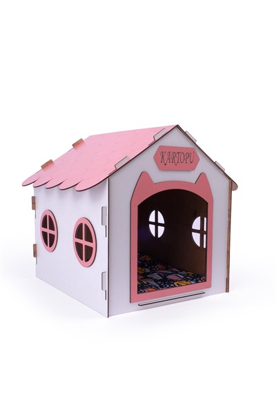 Ahşap Özel İsim Baskılı Dekoratif Kedi Evi-Kulübesi, Kediler İçin Kulübe, Kedi Kulübesi Beyaz-Pembe