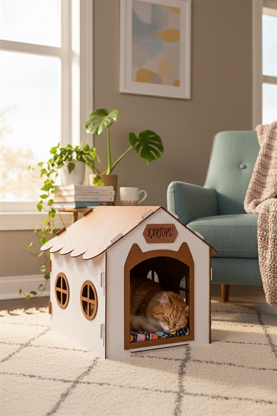 Ahşap Özel İsim Baskılı Dekoratif Kedi Evi-Kulübesi, Kediler İçin Kulübe, Kedi Kulübesi Beyaz-Ceviz