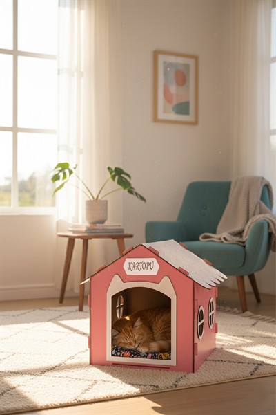 Ahşap Özel İsim Baskılı Dekoratif Kedi Evi-Kulübesi, Kediler İçin Kulübe, Kedi Kulübesi Pembe