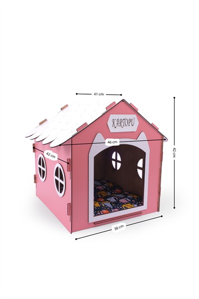 Ahşap Özel İsim Baskılı Dekoratif Kedi Evi-Kulübesi, Kediler İçin Kulübe, Kedi Kulübesi Pembe
