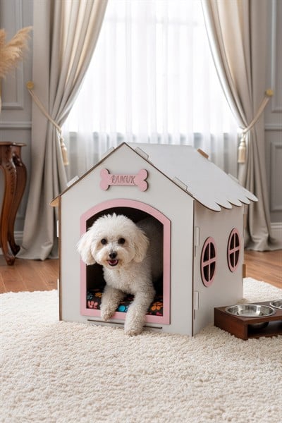 Ahşap Özel İsim Baskılı Dekoratif Köpek Evi-Kulübesi, Küçük Irk Köpekler İçin Kulübe, Köpek Kulübesi Beyaz-Pembe