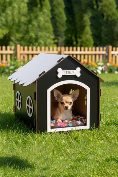 Ahşap Özel İsim Baskılı Dekoratif Köpek Evi-Kulübesi, Küçük Irk Köpekler İçin Kulübe, Köpek Kulübesi Siyah