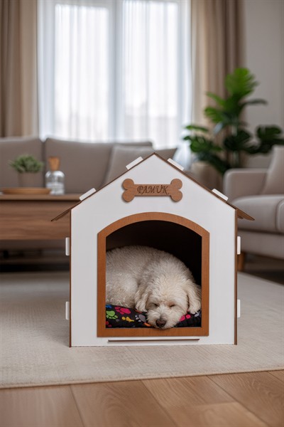 Ahşap Özel İsim Baskılı Dekoratif Köpek Evi-Kulübesi, Küçük Irk Köpekler İçin Kulübe, Köpek Kulübesi Beyaz-Kahverengi