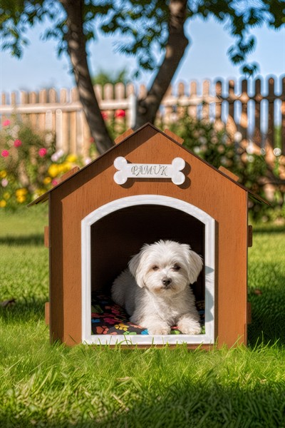 Ahşap Özel İsim Baskılı Dekoratif Köpek Evi-Kulübesi, Küçük Irk Köpekler İçin Kulübe, Köpek Kulübesi Kahverengi
